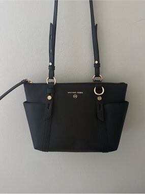 Michael Kors Black Saffiano Leather Shoulder Tote with Gold Hardware